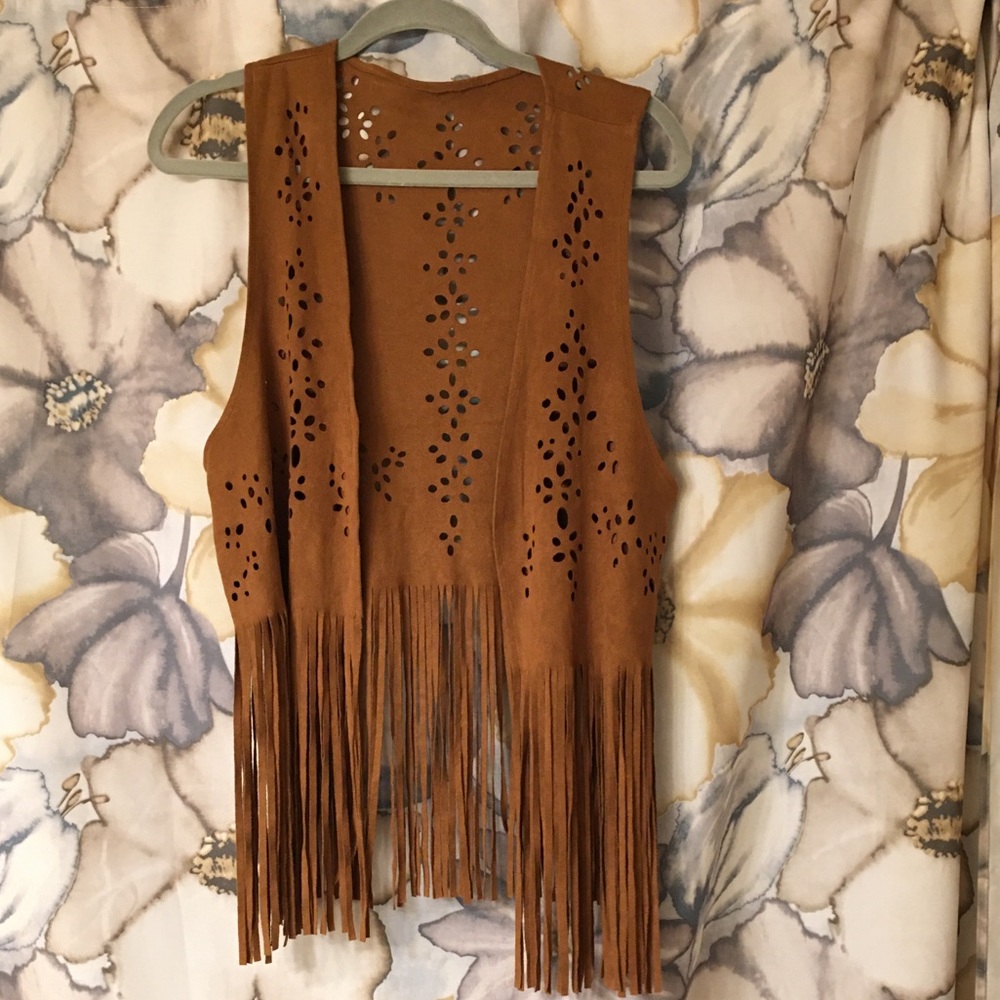 Camel fringe vest